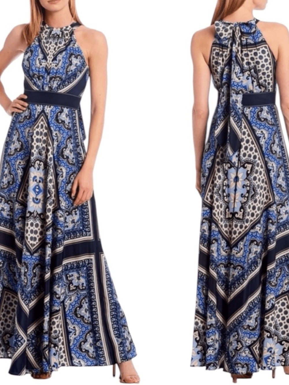 Eliza J Blue and White Scarf Halter Maxi Dress